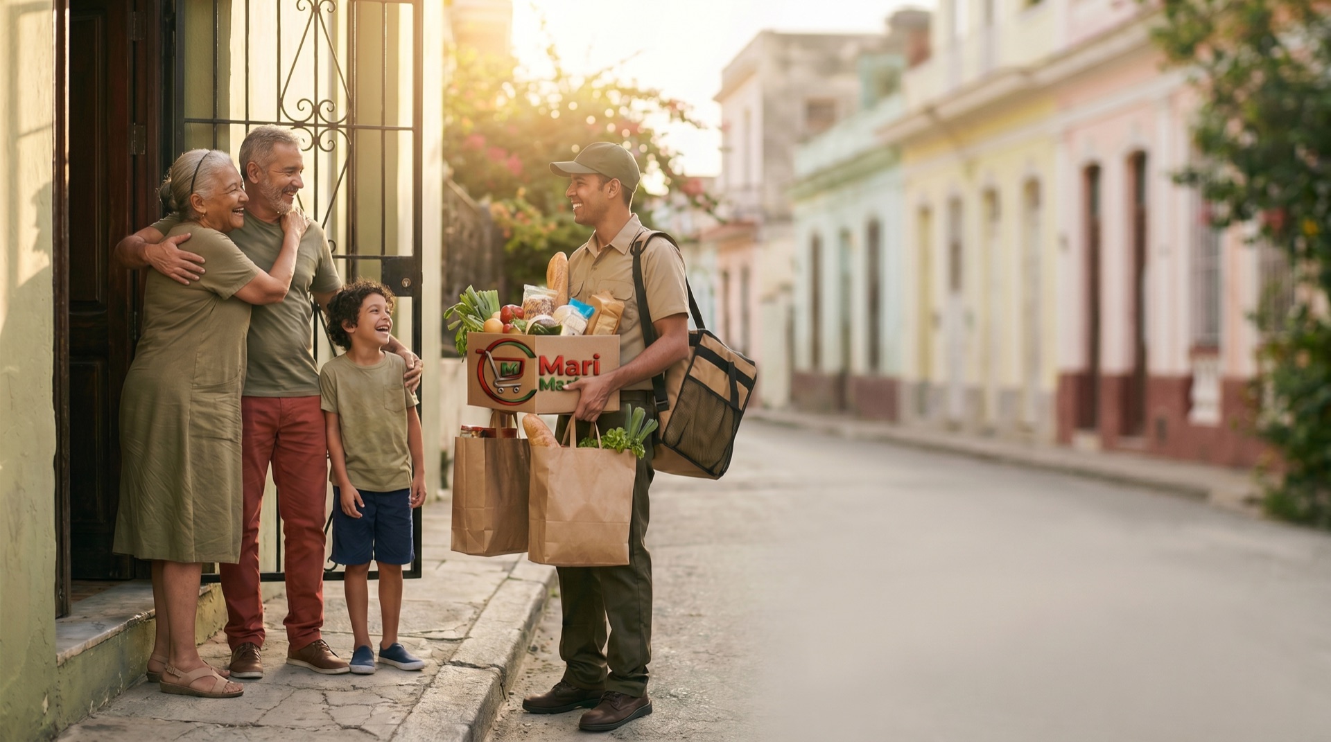 Familia cubana recibiendo su pedido de Mari Market en la puerta de casa